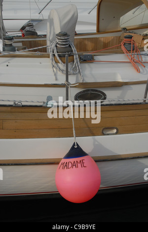Tender on an expensive yacht with 'Madame' written on it in the Mediterranean port of Bandol in Var, Provence, France Stock Photo