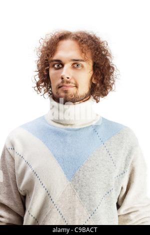 Young handsome man with curly hair isolated on white background Stock Photo