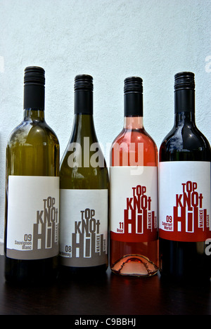 Four bottles of Top Knot Hill wine from Wild on Waiheke winery brewery restaurant Stock Photo