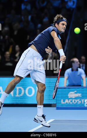 20.11.2011. O2 Arena,  London, England Roger Federer of Switzerland in action against Jo-Wilfried Tsonga of  France  during men's singles round robin the Tennis Barclays ATP World Tour Finals 2011 at 02 London Arena. Stock Photo