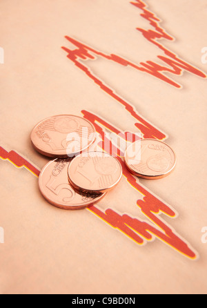 Euro coins on fluctuating graph with space for copy Stock Photo
