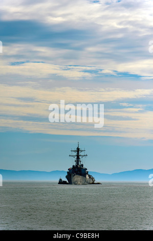 Guided Missile Destroyer, USS Milius anchored off the Santa Barbara Shores Stock Photo