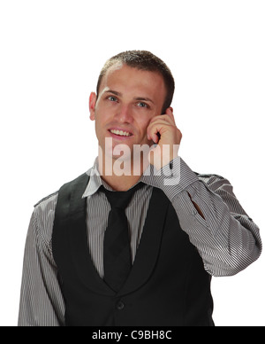 Image of a young handsome man using a mobile phone,isolated against a white background. Stock Photo