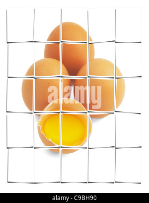 four eggs,one open ;isolated on white background Stock Photo