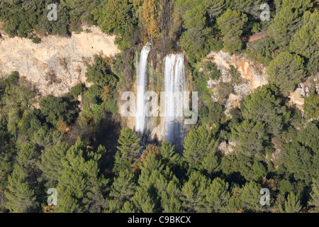 AERIAL VIEW. 40-meter-high Sillans Waterfall in a wooded setting. Var, French Riviera's backcountry, France. Stock Photo