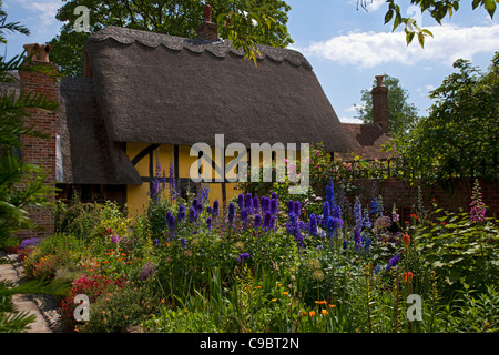Classic summer English cottage garden with herbaceous border . Stock Photo