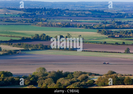 Drilling seeds in Chiltern Farmland from Ivinghoe Beacon Bucks Stock Photo