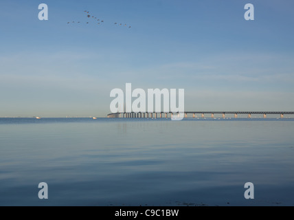 The bridge over Oresund between Copenhagen Denmark and Malmo Sweden. This link is important for the growth in South Scandinavia Stock Photo