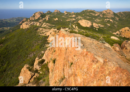Exposed sandstone at the summit of Sandstone Mountain located along the Backbone Trail in the Santa Monica Mountains. Stock Photo