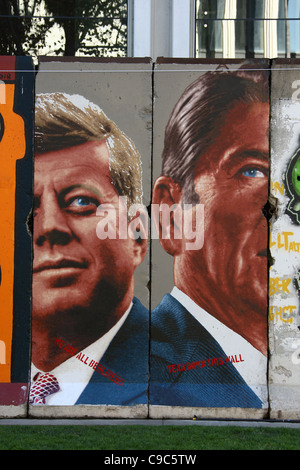 JFK & RONALD REAGAN PORTAITS & GRAFFITI BEHIND THE BERLIN WALL. PRESENTED BY THE WENDE MUSEUM LOS ANGELES CALIFORNIA USA 13 No Stock Photo