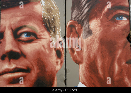 JFK & RONALD REAGAN PORTAITS & GRAFFITI BEHIND THE BERLIN WALL. PRESENTED BY THE WENDE MUSEUM LOS ANGELES CALIFORNIA USA 13 No Stock Photo