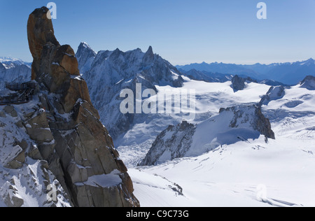 View across the snowfields and summits of the French/Italian alps from the Aiguille du Midi Stock Photo