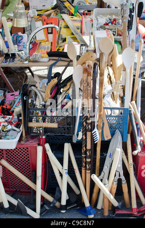 hardware stall on an open market selling assorted goods from water taps to wooden spoons Stock Photo