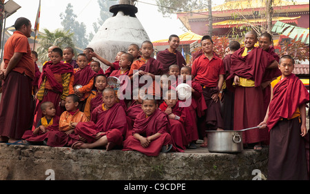 India, South Asia, Sikkim, Buddhist Lama Monks in a bonfire ceremony for Losar inside a monastery. Stock Photo