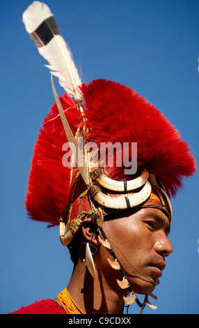 India, South Asia, Nagaland, Naga Warrior tribe man in traditional costume and feather headdress. Stock Photo