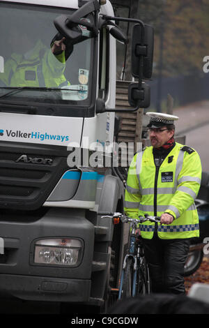 Coinciding with London's Road Safety week, Metropolitan Police traffic officers with partner agencies and groups held an Exchanging Places HGV, Cycle Safety event in Victoria Park today. This event is one of a long running series of events aimed at developing more awareness for cyclists on the road. Stock Photo