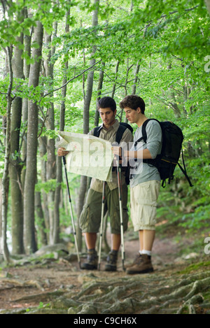 Hikers consulting map Stock Photo