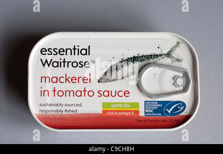 Tin of Waitrose mackerel in tomato sauce Stock Photo