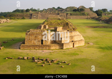 Mexico, Oaxaca, Monte Alban archaeological site, Ruins of Monticulo J and Edifio I,H and G buildings in the central plaza. Stock Photo