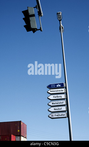 Directions sign post in the free port area of Hamburg. Stock Photo