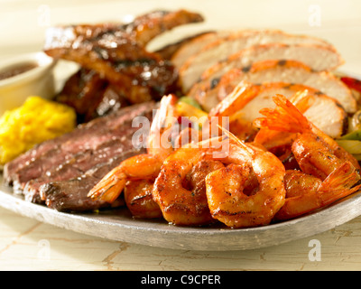 Shrimp, chicken, beef, shrimp and pork rib fajitas Stock Photo