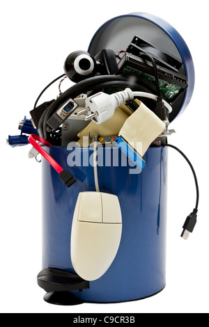 small trashcan with electronic waste on white background Stock Photo