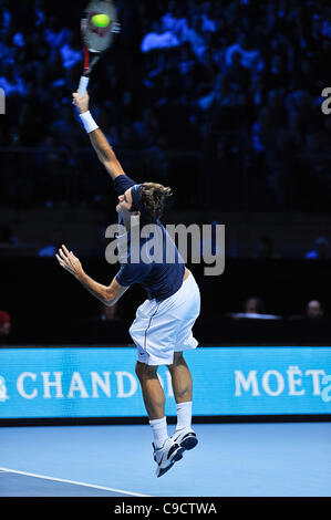 22.11.2011 London, England Roger Federer (sui) during his singles match round robin  against Rafael Nadal (esp) of Switzerland  at the Tennis Barclays ATP World Tour Finals 2011 at 02 London Arena. Stock Photo