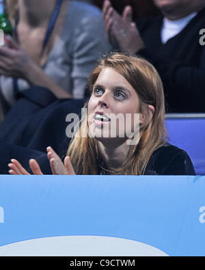 London, England Tennis Princess Breatice  watches Rafael Nadal of Spain versus Roger Federer of Switzerland during men's  round robin at the Tennis Barclays ATP World Tour Finals Stock Photo