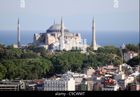 Hagia Sophia basilica. Istanbul. Panoramic view from Galata Tower. Bosphorus Strait in the back. Stock Photo