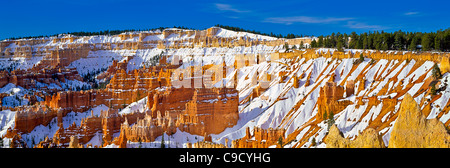 Panorama photo of the natural amphitheater with hoodoos and rock formations covered with snow in Bryce Canyon National Park. Stock Photo