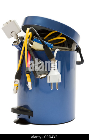 small trashcan with electronic waste on white background Stock Photo