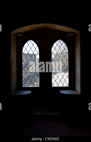 Gothic windows in the Palatial Residence (Paços Novos) of the Leiria Caste. Leiria, Portugal. Stock Photo