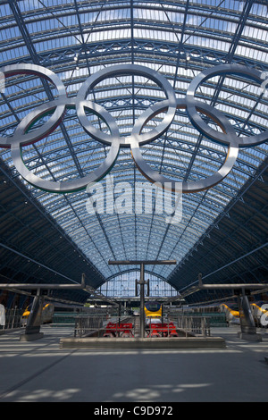 Olympic Rings Logo, in the Eurostar terminal at Kings Cross St Pancras Railway Station, London,  England, UK, United Kingdom, GB