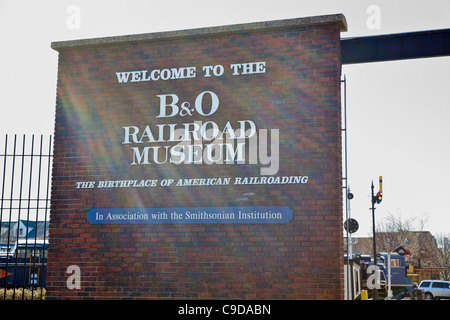 The entrance to and sign for the B&O Railroad Museum, Baltimore, Maryland. Stock Photo