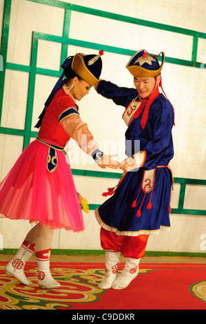 Tumen Ekh ensemble perform traditional mongolian dance, music, theatre in Ulan Bator. Stock Photo