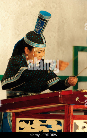 Musician of Tumen Ekh ensemble performs traditional mongolian music in Ulan Bator. Stock Photo