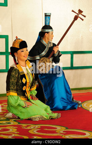 Musician of Tumen Ekh ensemble performs traditional mongolian music in Ulan Bator. Stock Photo