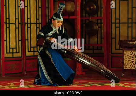 Musician of Tumen Ekh ensemble performs traditional mongolian music in Ulan Bator. Stock Photo