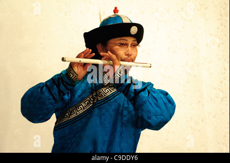 Musician of Tumen Ekh ensemble performs traditional mongolian music in Ulan Bator. Stock Photo