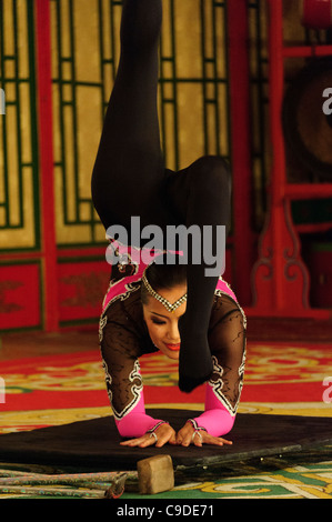 Contortionist dancer of Tumen Ekh mongolian ensemble performs in Ulan Bator. Stock Photo