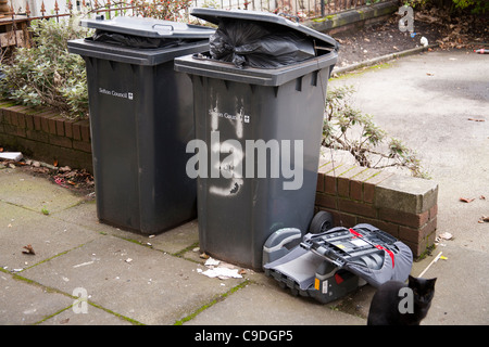 Bins overflowing with rubbish. Filled with non recycled waste, these bins are now loaded with trash Stock Photo