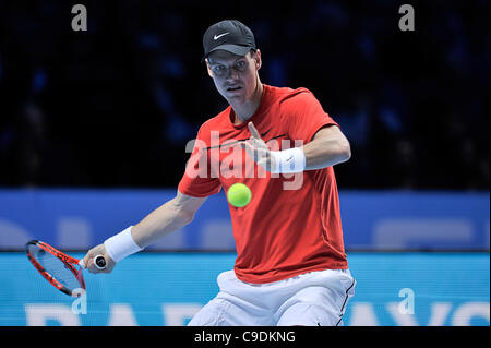 23.11.2011 London, England Tomas Berdych of Czech Republic during his singles match round robin  against Janko Tipsarevic of Serbia  at the Tennis Barclays ATP World Tour Finals 2011 at 02 London Arena. Stock Photo