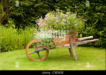 Wheelbarrow planter with mixed flowers in Summer, RHS Rosemoor, Devon, England, United Kingdom Stock Photo
