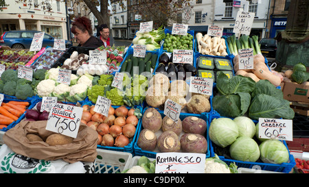 A vegetable display on an outdoor street market stall in Hexham  Northumberland North of England UK  KATHY DEWITT Stock Photo