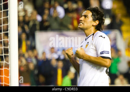 23/11/2011. Valencia, Spain  Football match between Valencia Club de Futbol and KRC Genk, Matchday 5, E Group, Champions League -------------------------------------  Tino Costa celebrating his goal by minute 81 for VAlencia CF Stock Photo