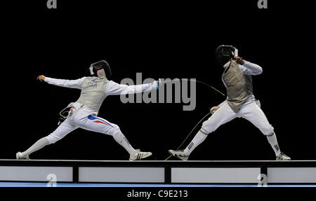 Marcel MARCILLOUX (FRA) [left] v Husayn ROSOWSKY (GBR) [right] during the men's foil competition at the London Prepares Olympic Test Event, ExCel Centre,  London, England November 27, 2011. Stock Photo