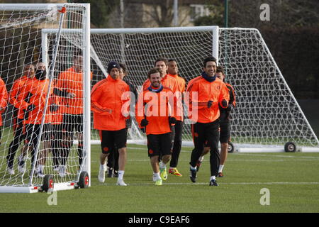 the Chelsea team train led by Juan Mata  ahead of a huge crunch game in the Champions league against VALENCIA on 6th December 2011.   training ground Cobham, Surrey Stock Photo