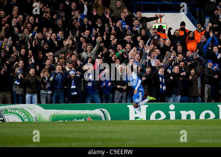 06.12.2011. London, England.  Chelsea's Ivory Coast forward Didier Drogba celebates during the UEFA Champions League group match between Chelsea and Valencia from Spain, played at Stamford Bridge Stadium. Stock Photo