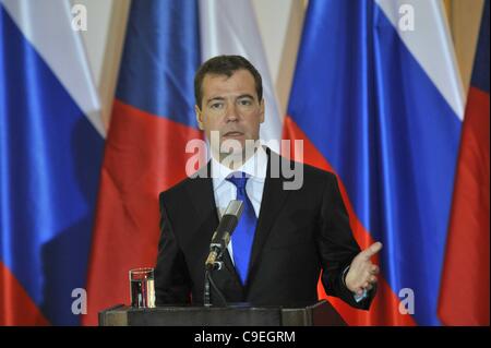 Russian President Dmitry Medvedev speaks to the media in the East Room ...