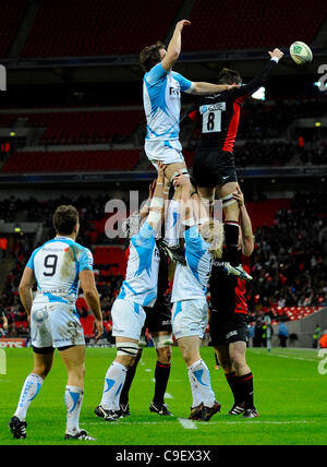 10.12.2011 London, England. Saracens Number 8 (#8) Ernst Joubert wins the lineout during the first half of the 3rd round Heineken Cup game between Saracens and Welsh side Ospreys at Wembley Stadium. Stock Photo